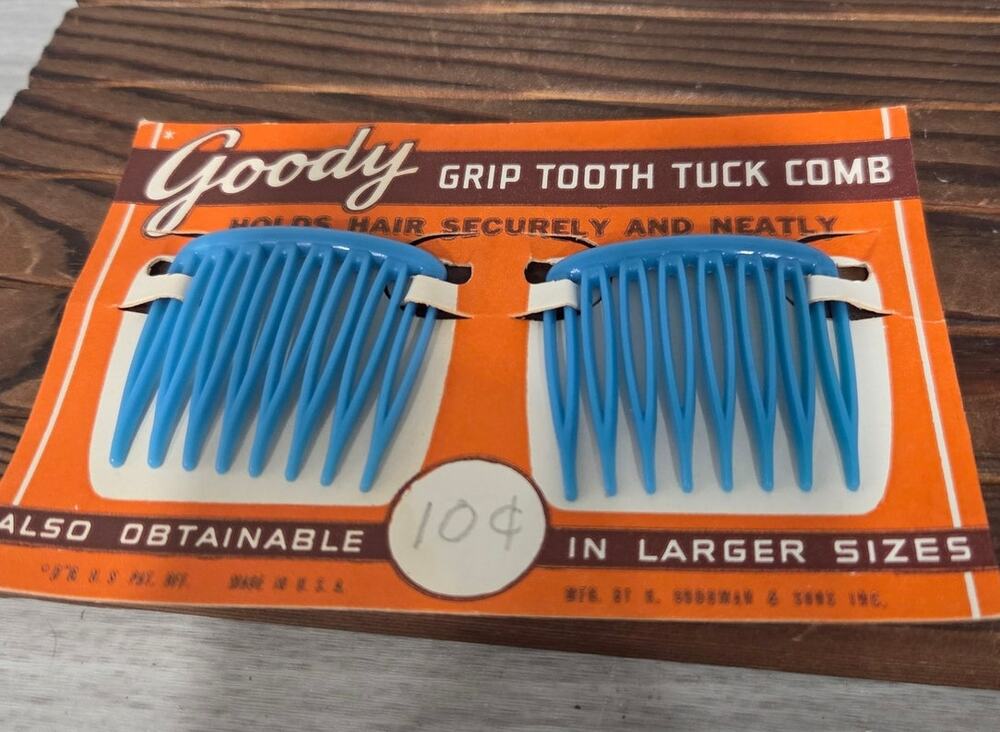Vintage Stock Goody Blue Grip Tooth Tuck Hair Combs Original 10¢ Card Made USA